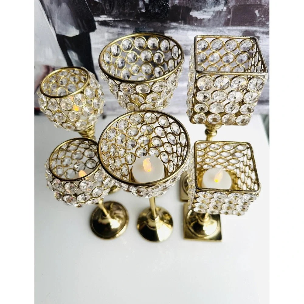 Crystal With Brass Candle Holder Metal Gold, 6 pcs
